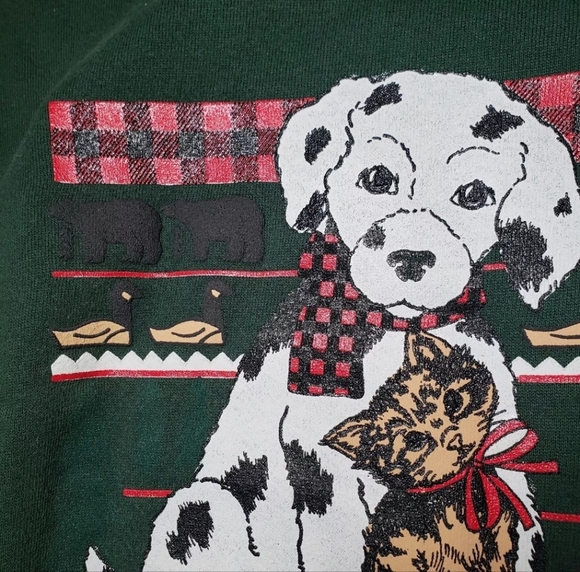 Vintage 90s Gopher Sport Dalmatian Dog Cat Plaid Collar Sweatshirt Large Winter - Picture 3 of 12